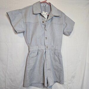 Zara Metallic Shimmering Romper Button-Down Cotton Short Slv Light Blue Size XS